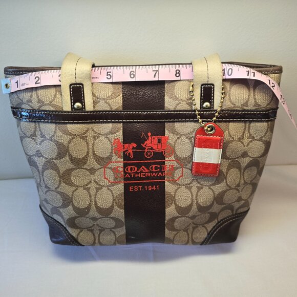 Coach Heritage Signature Stripe Tan/Brown/Red Bucket Bag - Picture 2 of 13